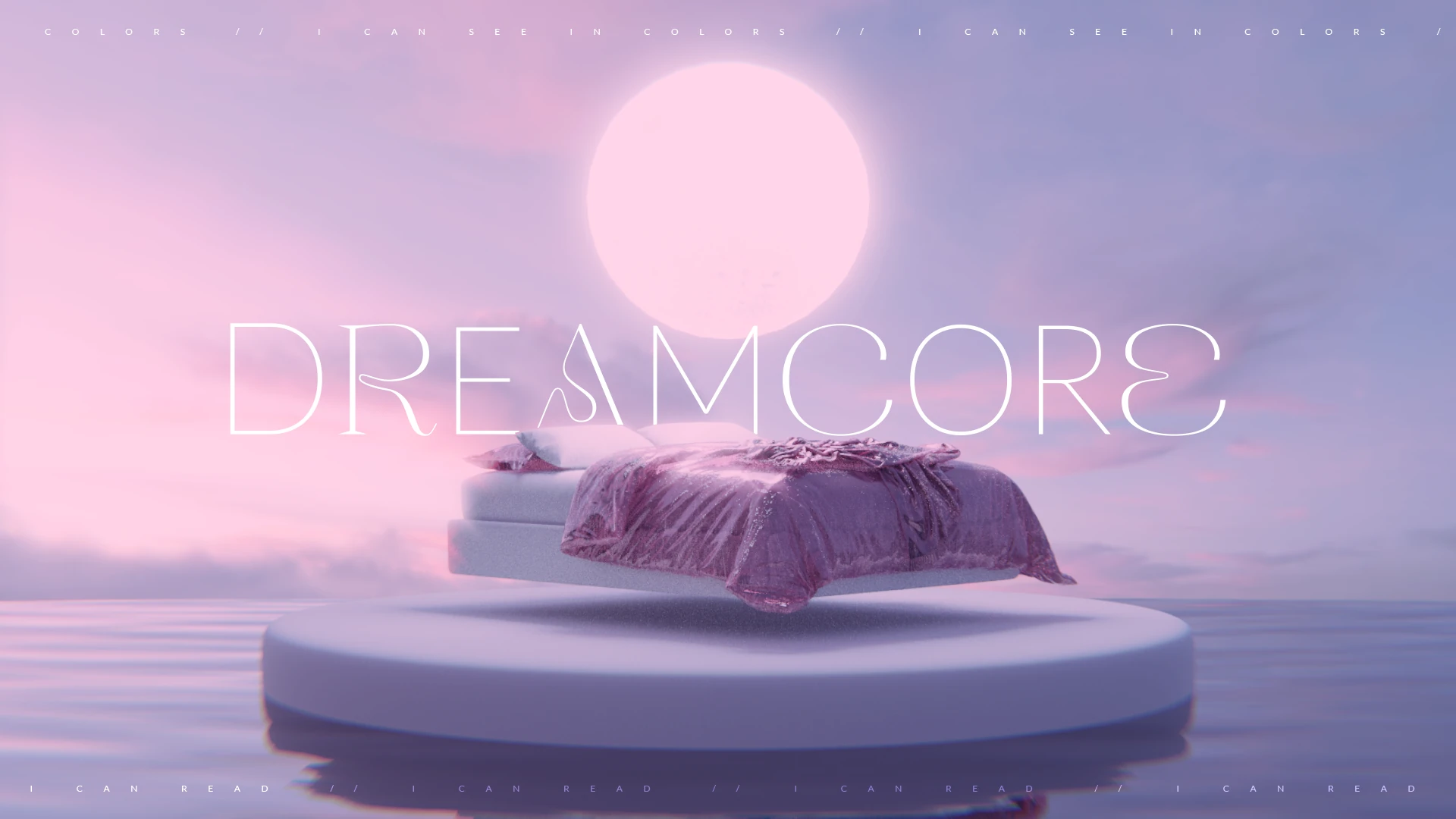 Cama flutuante sob uma lua rosa com título Dreamcore