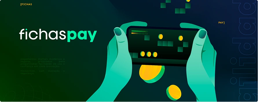 Banner Fichaspay com ilustração de mãos, smartphone e moedas