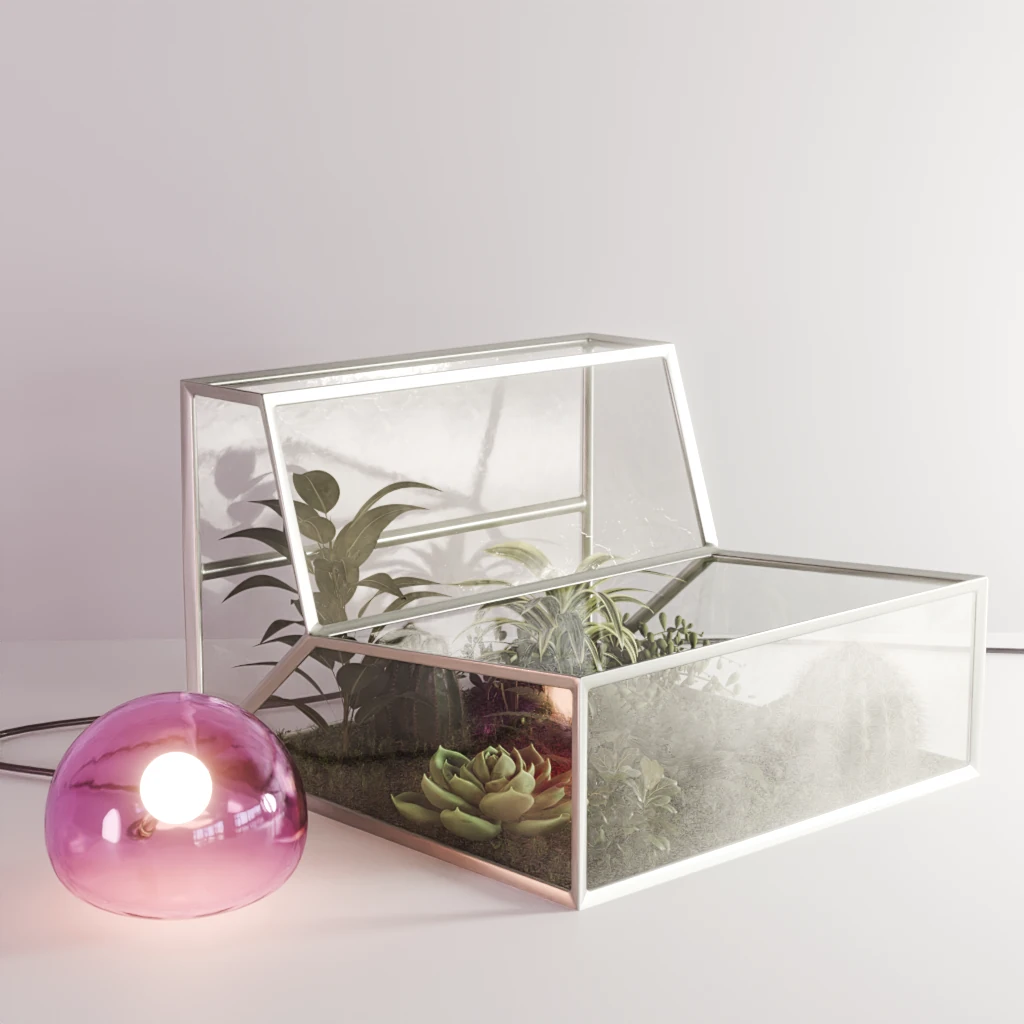 Móvel de vidro com terrário e luminária esférica rosa em ambiente claro