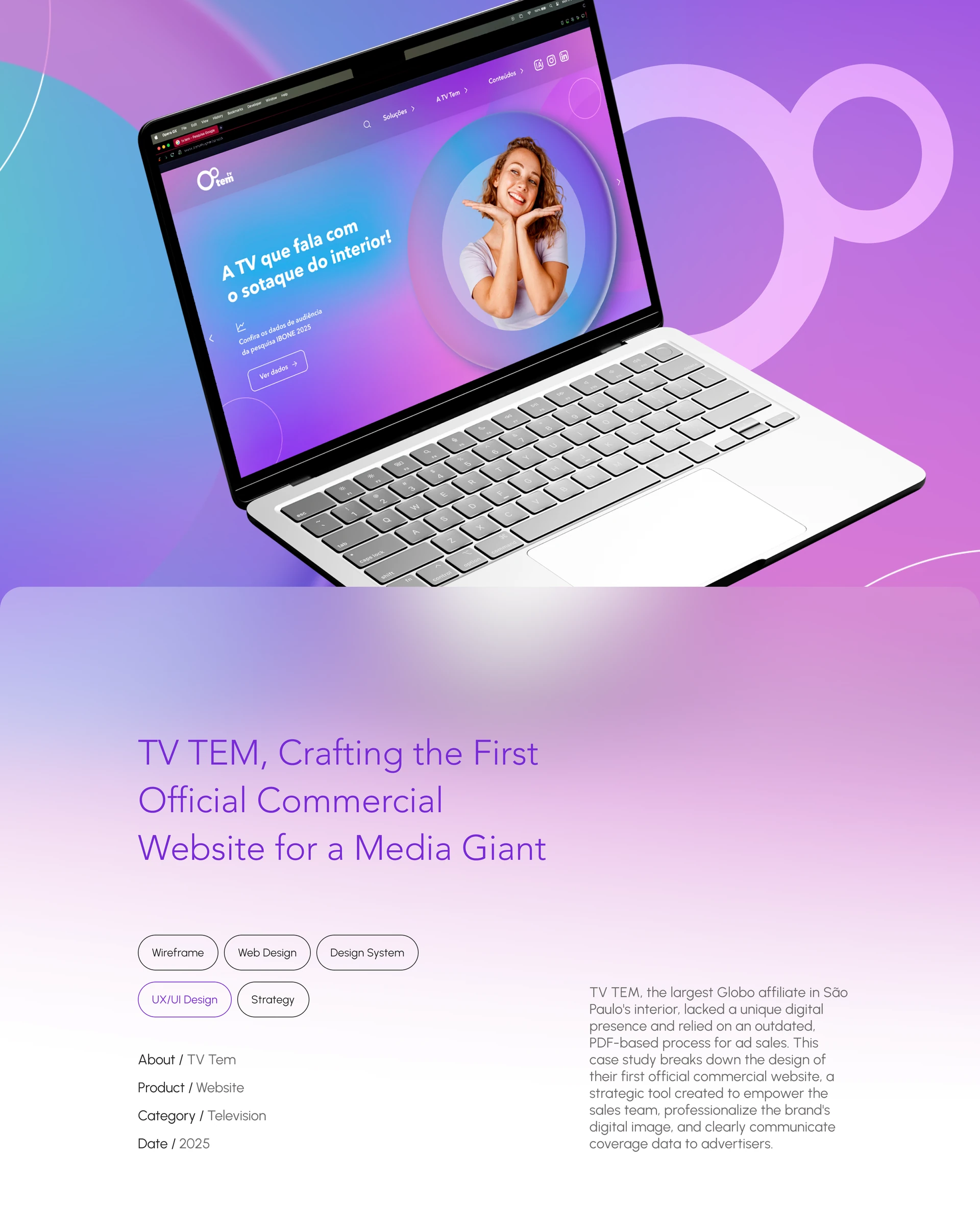 Apresentação do website comercial da TV TEM em um notebook